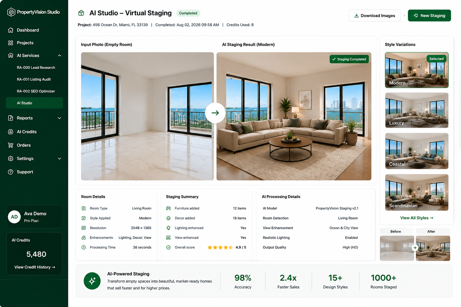 AI Studio virtual staging before and after result